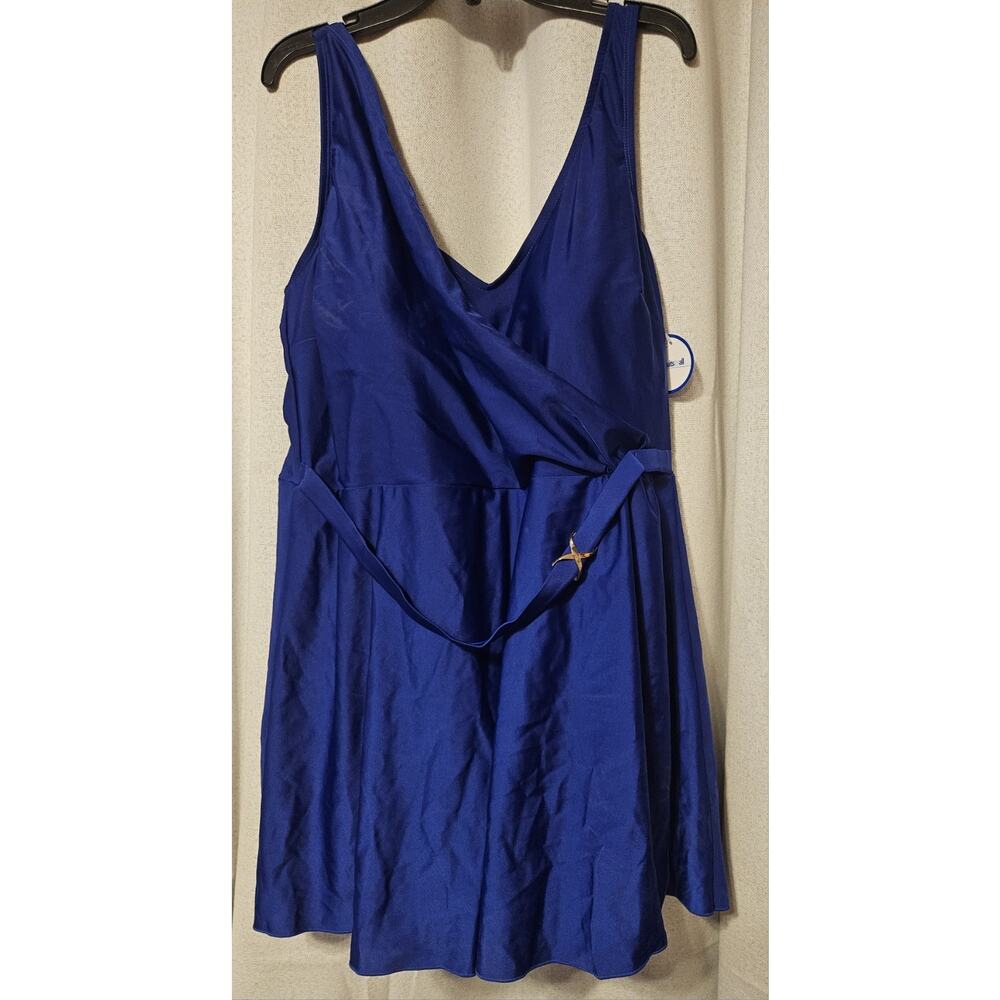 NEW SWIMSUITSFORALL Blue NEW faux wrap Flattering Slimming SwimDress Plus Sz 18